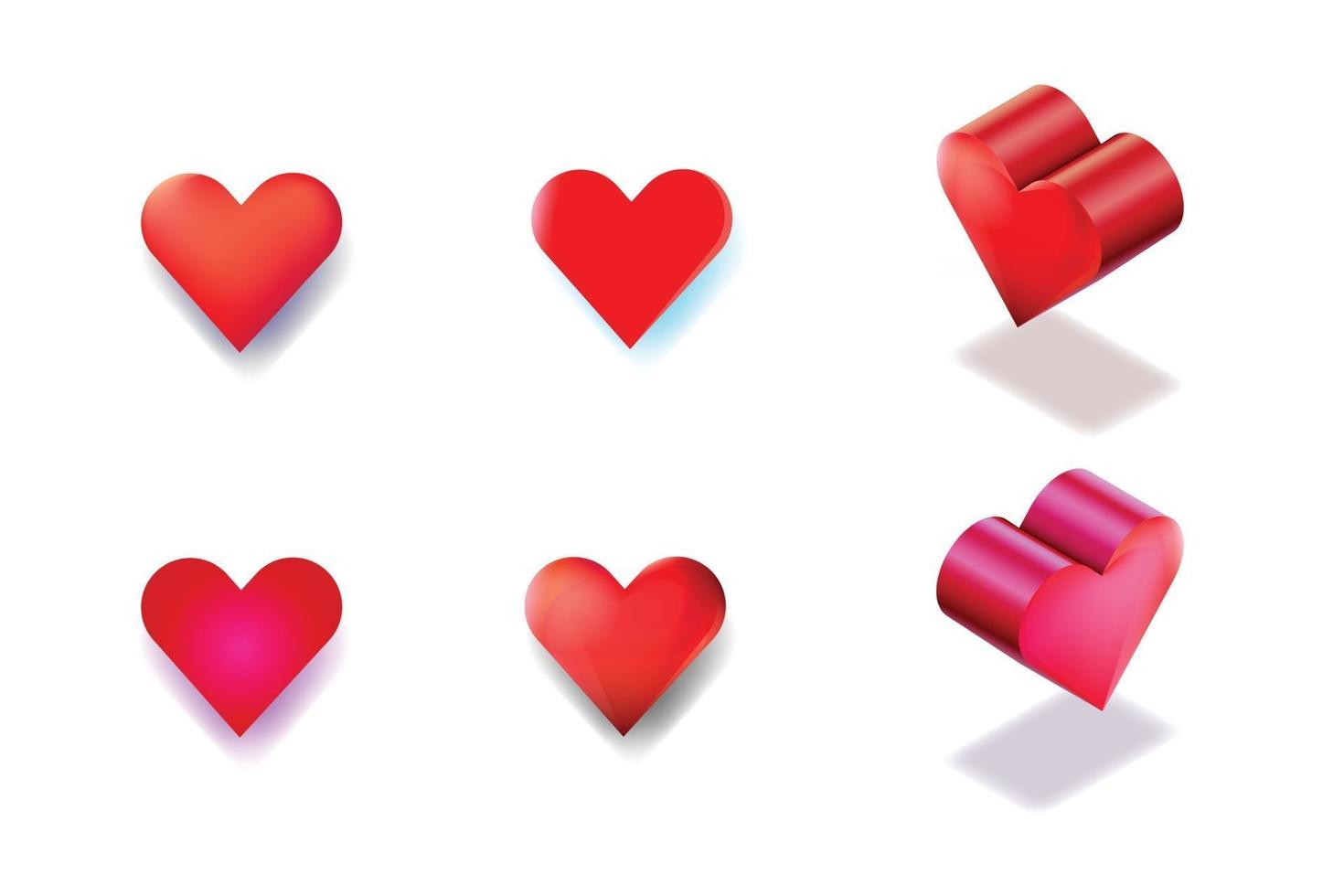 vector Isolated hearts on white background with shades, 4 flat heart and 2 isometric hearts