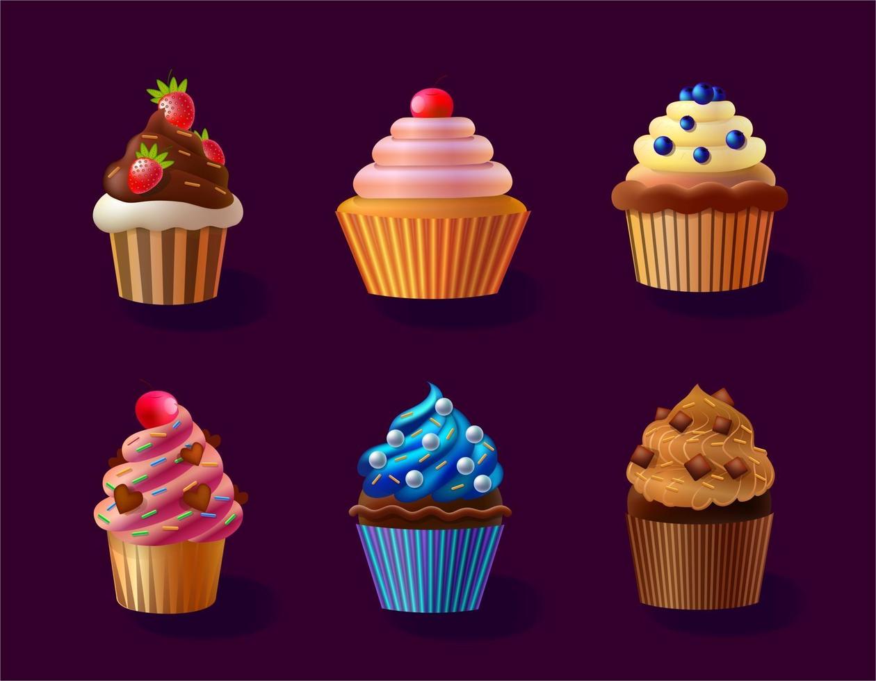 Ilustración aislada de cupcakes vectoriales, diseño gráfico de tortas en diferentes colores, ilustración de postre, cupcakes con bayas y cerezas, cupcake con bayas, frambuesa, fresa vector