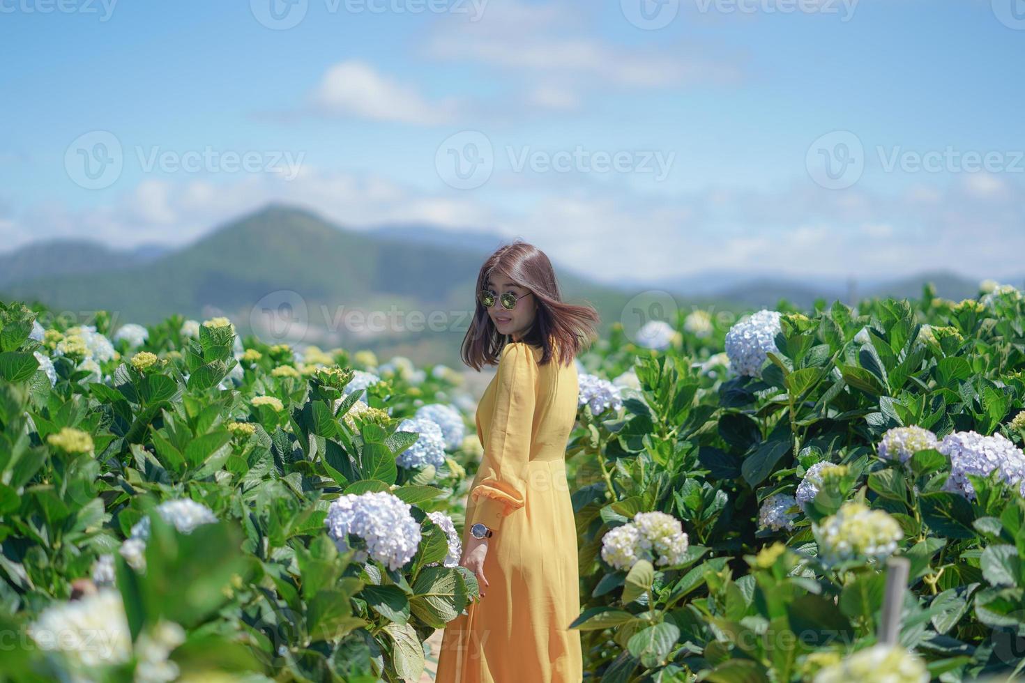 Beautiful Asian Woman in yellow dress walk in The Hydrangea Flowers Garden photo