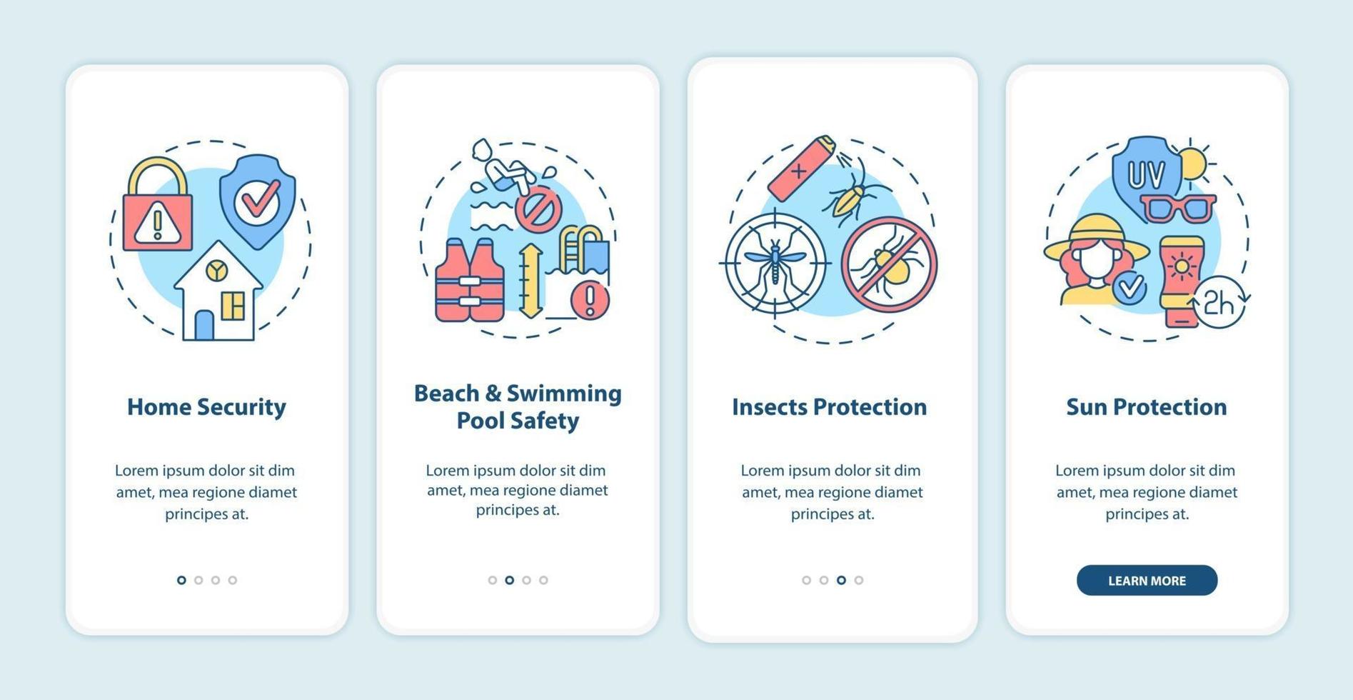 Summer vacation safety onboarding mobile app page screen vector