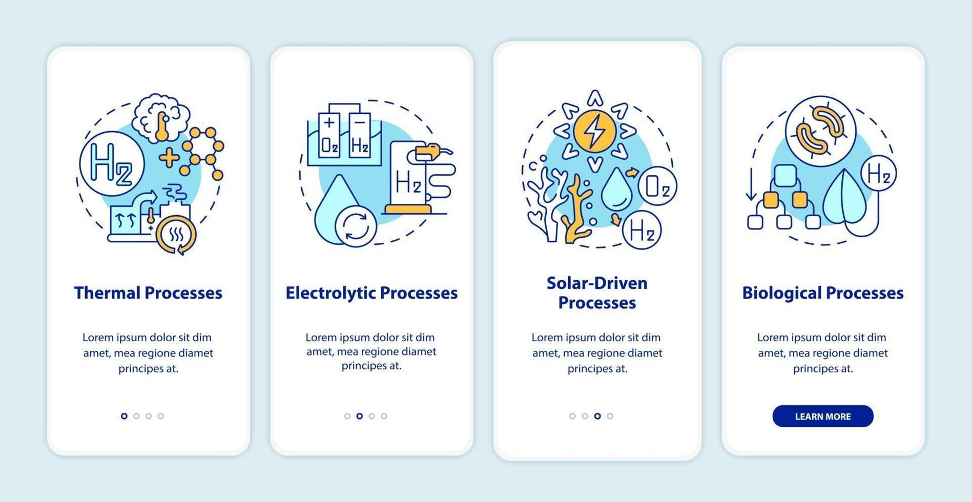 Hydrogen fuel production methods onboarding mobile app page screen vector