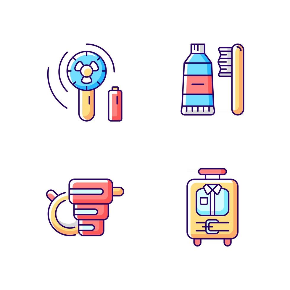 Things for travelling tourist suitcase RGB color icons set vector