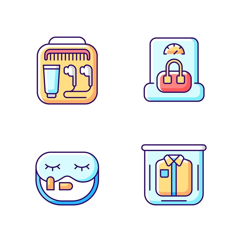 Essential things for travelling RGB color icons set vector