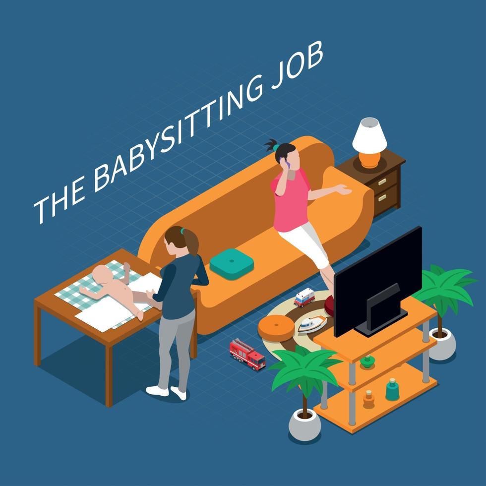 Babysitter Isometric Composition Vector Illustration