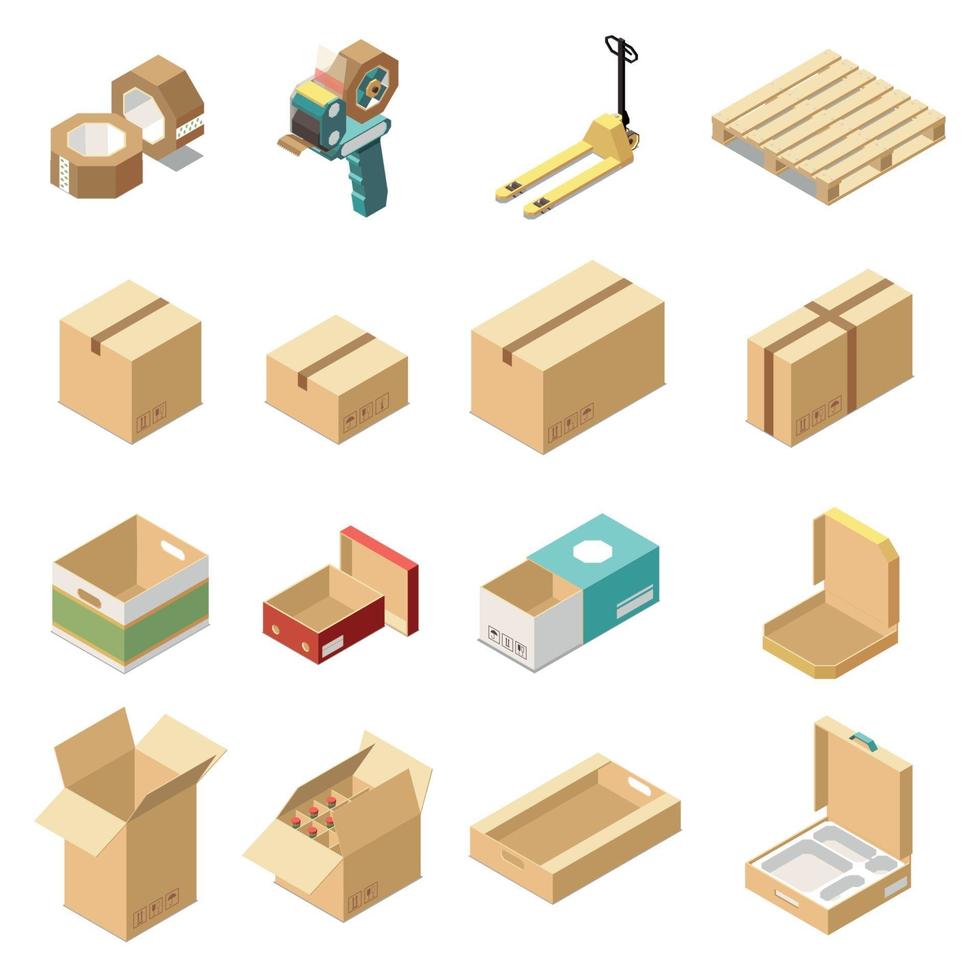 Cardboard Boxes Isometric Set Vector Illustration