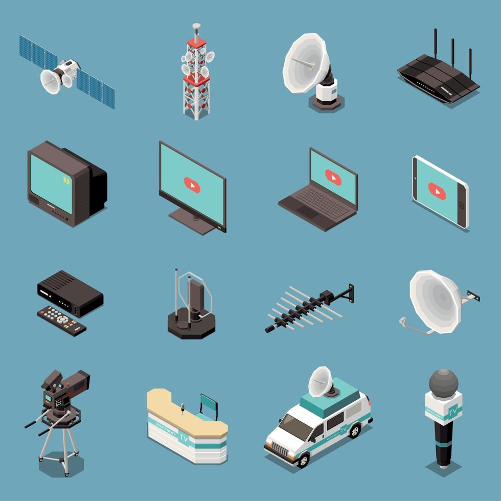 Conjunto de iconos isométricos de telecomunicaciones ilustración vectorial vector