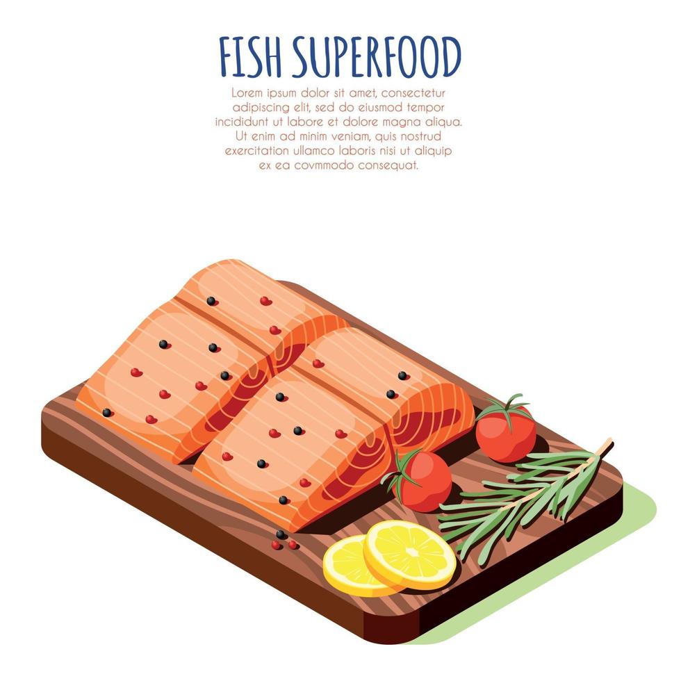 Fish Superfood Isometric Design Concept Vector Illustration