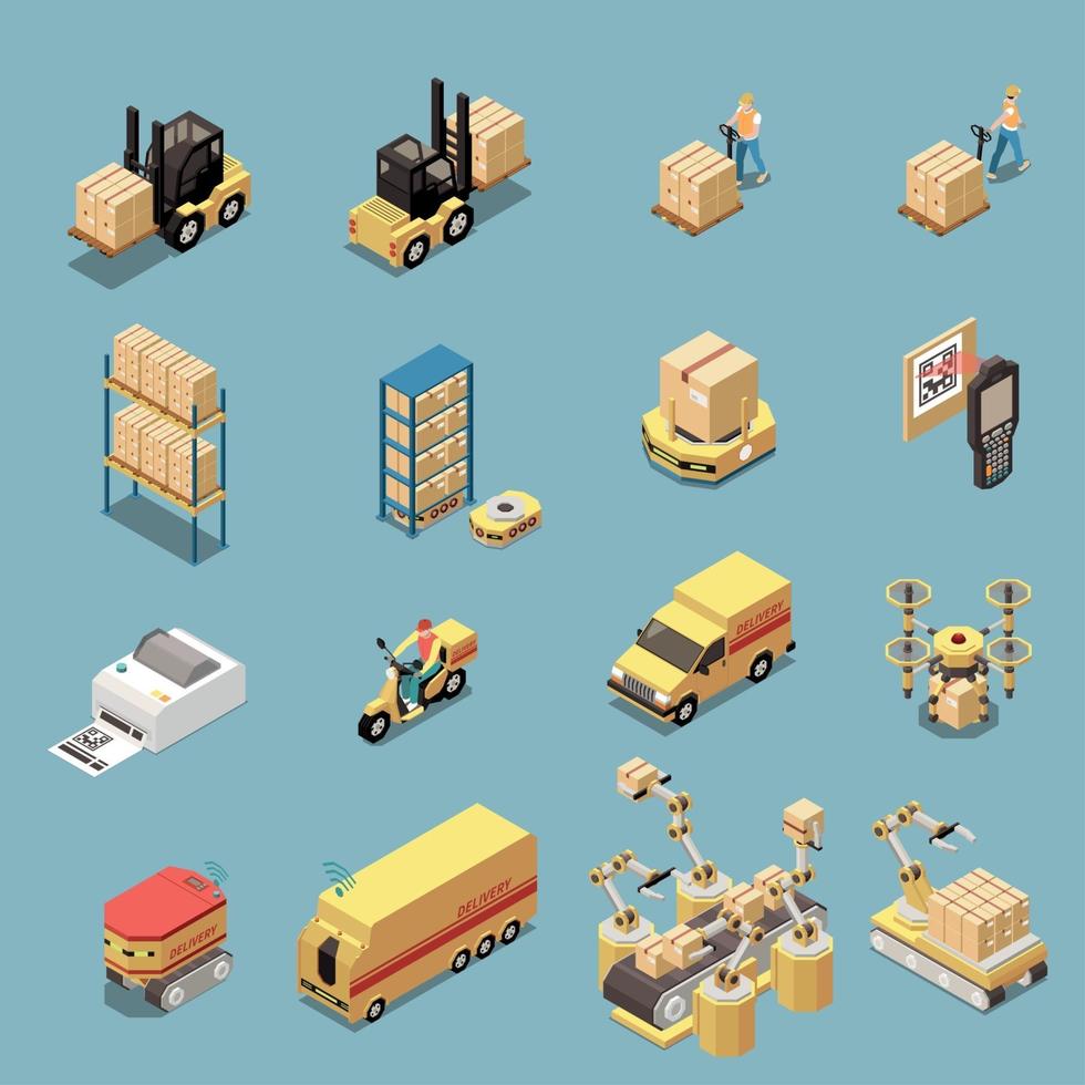 Warehouse Isometric Icons Set Vector Illustration