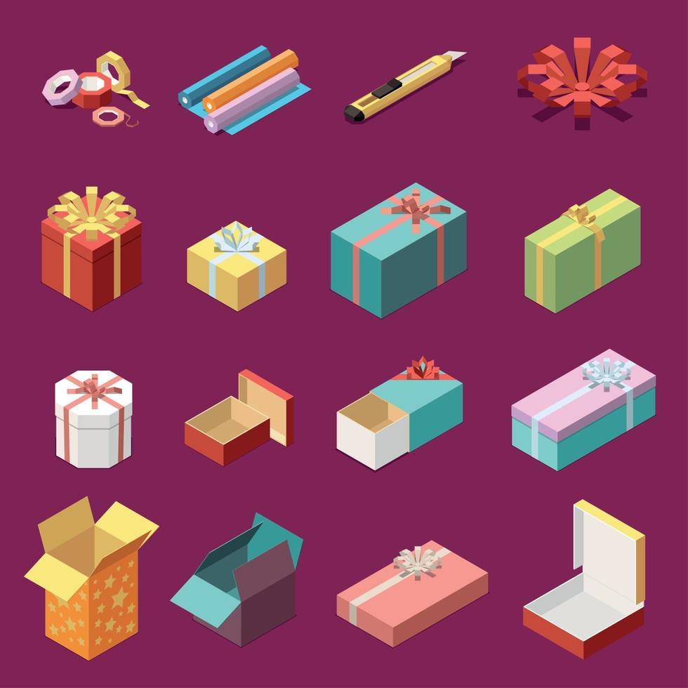 Cardboard Gift Boxes Isometric Set Vector Illustration