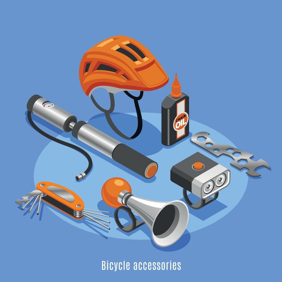 Ilustración de vector de fondo isométrico de accesorios de bicicleta