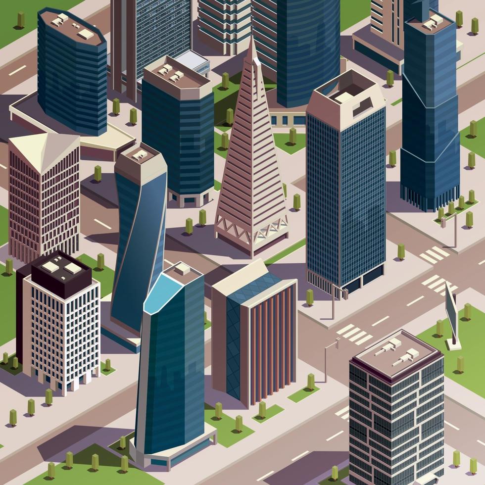 Isometric Urban Skyscrapers Composition Vector Illustration