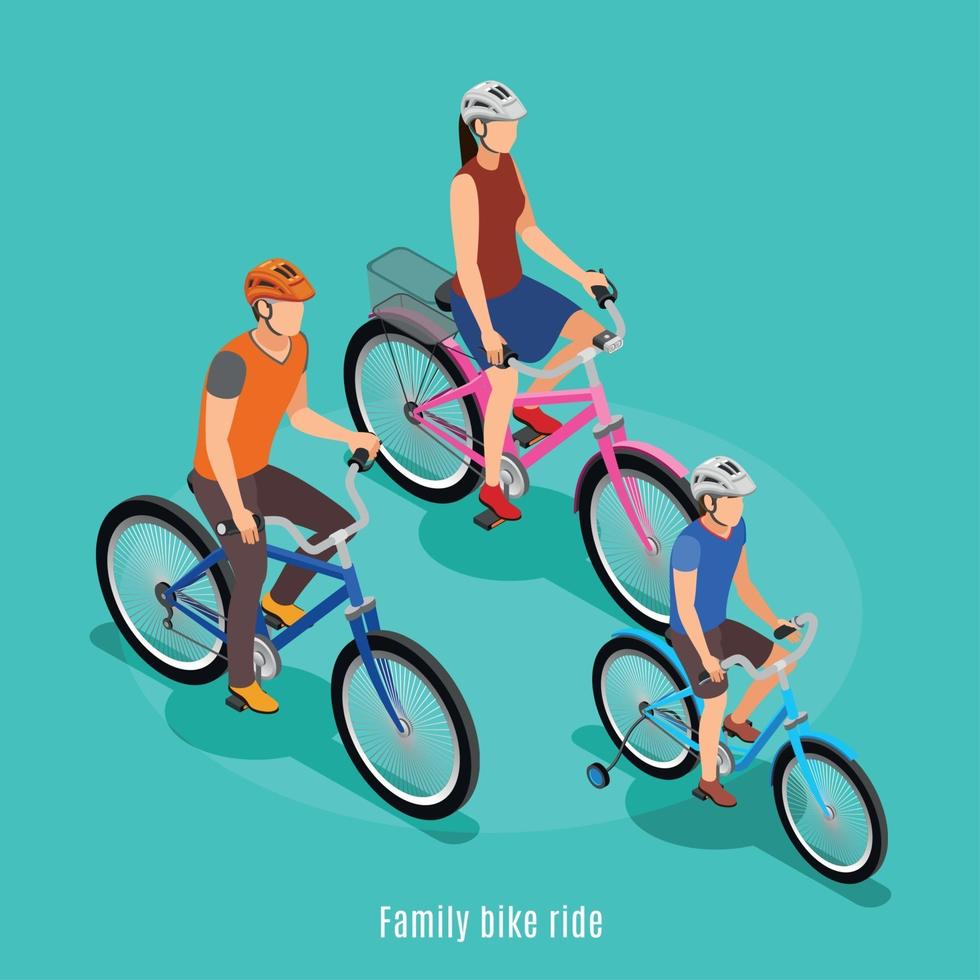 Ilustración de vector de fondo isométrico de paseo en bicicleta familiar