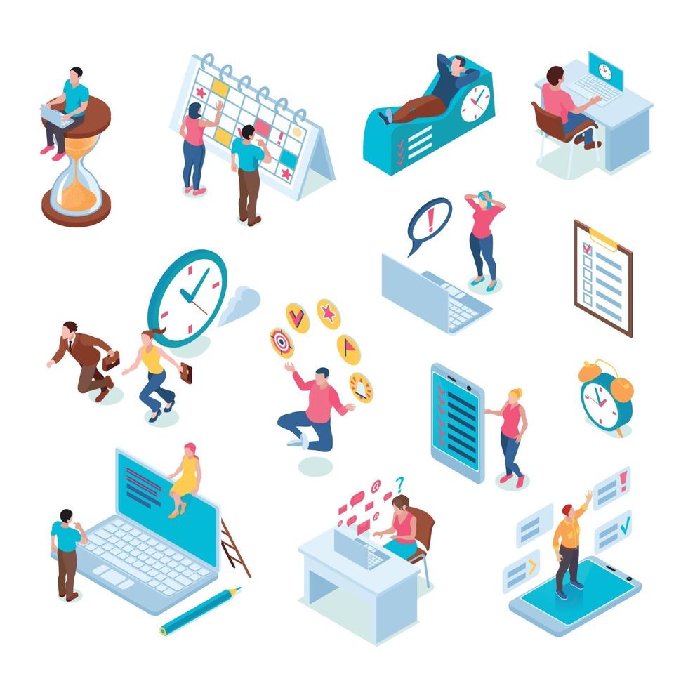 Time management Isometric Set Vector Illustration