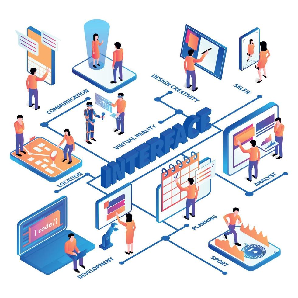 Isometric Interface People Flowchart Vector Illustration