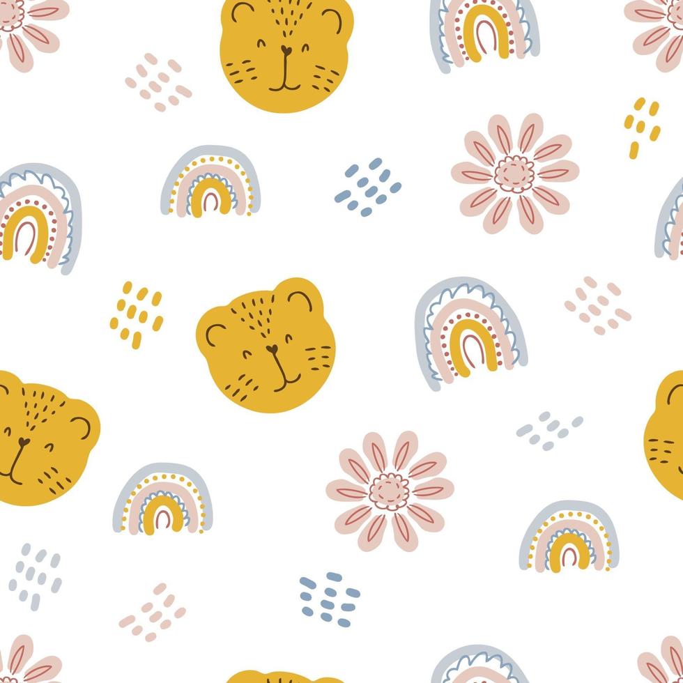 Seamless pattern of tiger muzzles rainbows and flowers in pastel color vector