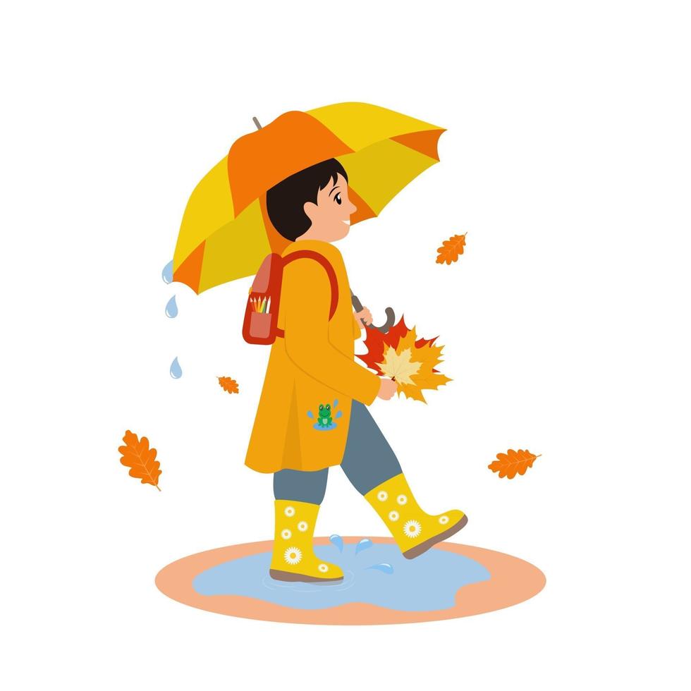 niño caminando con paraguas en otoño vector