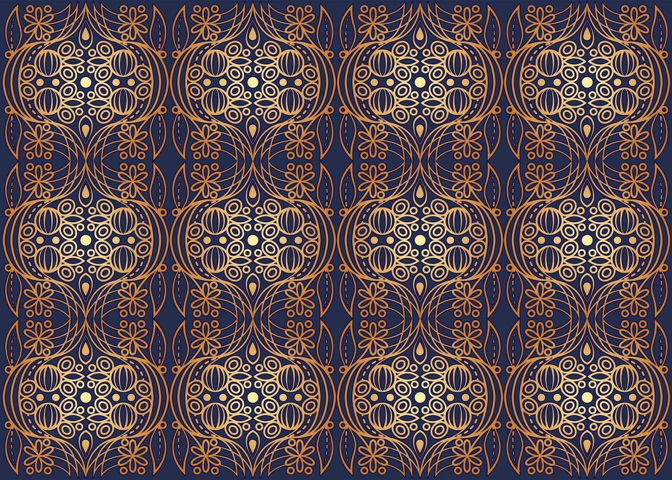 Golden textile pattern, seamless tile, trim repeating floral elements, golden stylized lines on blue background, royal textile, ornamental backdrop vector