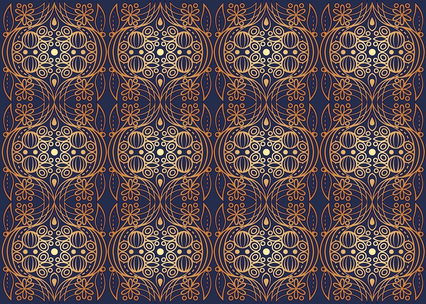 patrón textil dorado, azulejo sin costuras, recorte elementos florales repetidos, líneas estilizadas doradas sobre fondo azul, textil real, telón de fondo ornamental vector