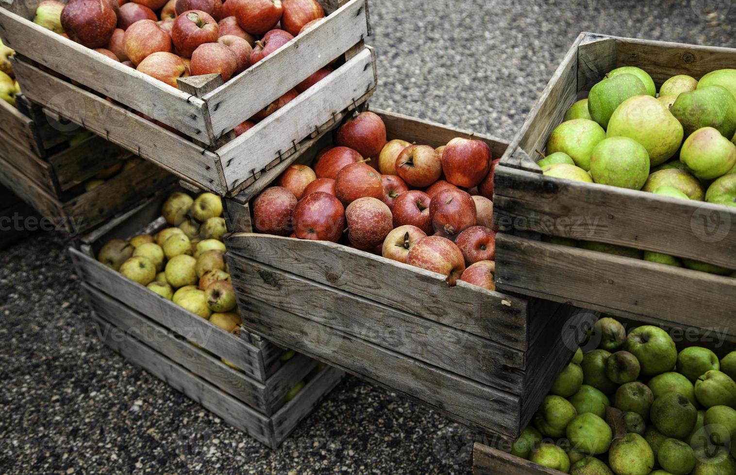 Apples in wooden boxes photo