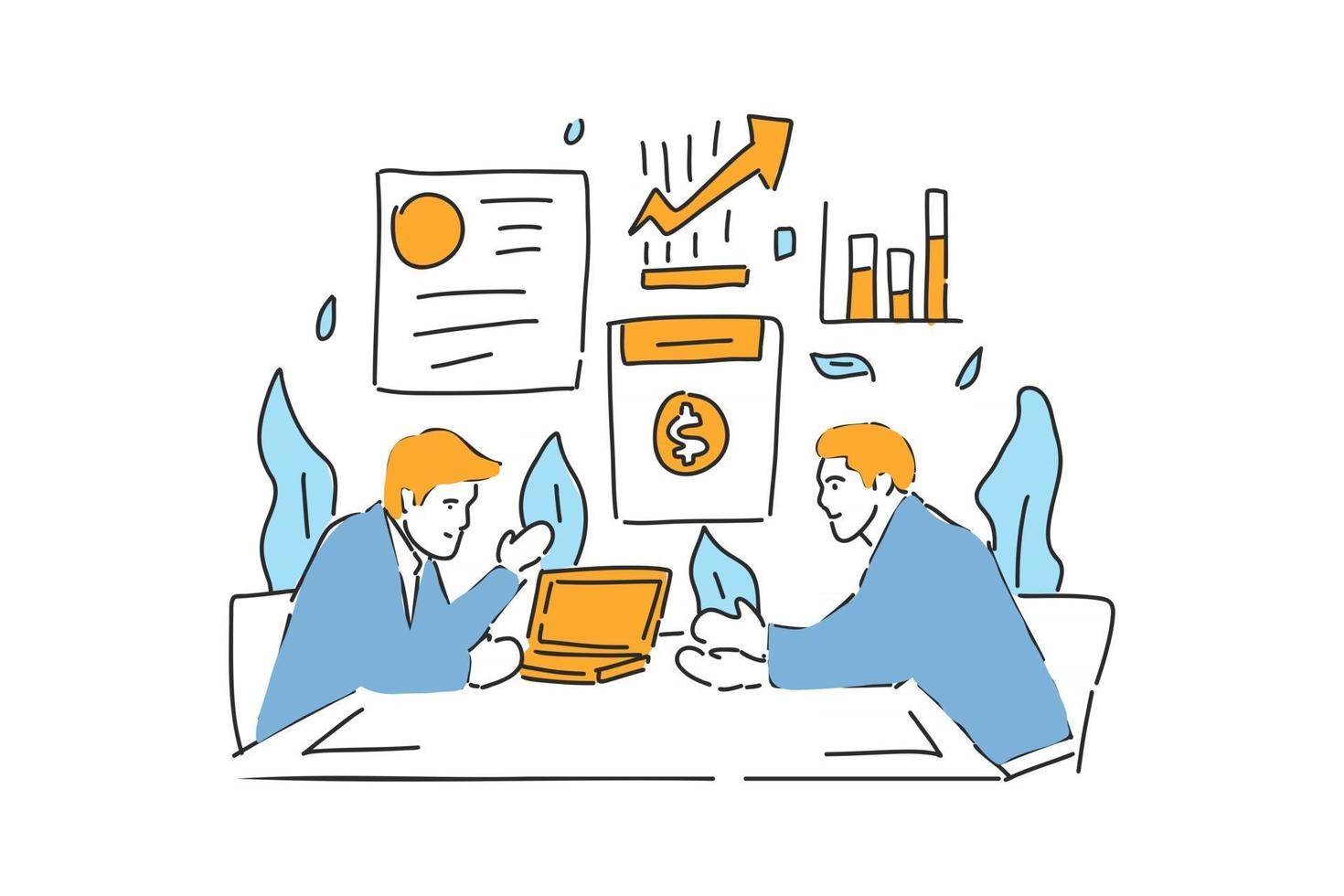 two businessman talk about contract drawn illustration vector