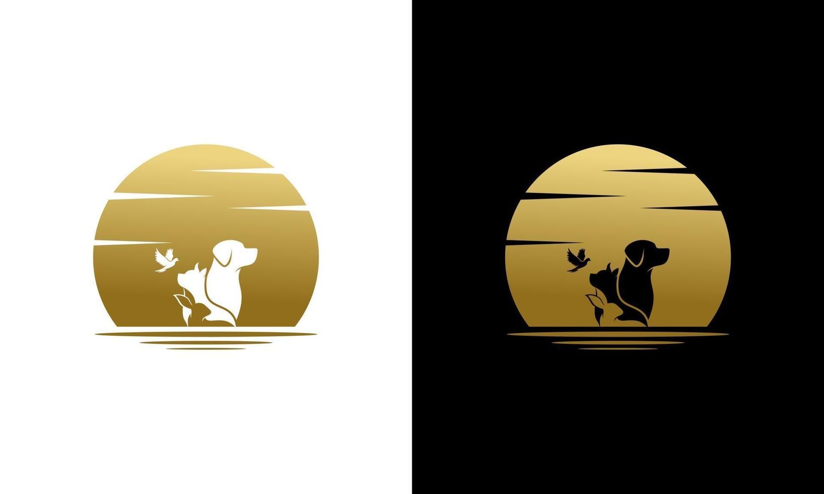 silueta de perro, pájaro, conejo y luna dorada vector