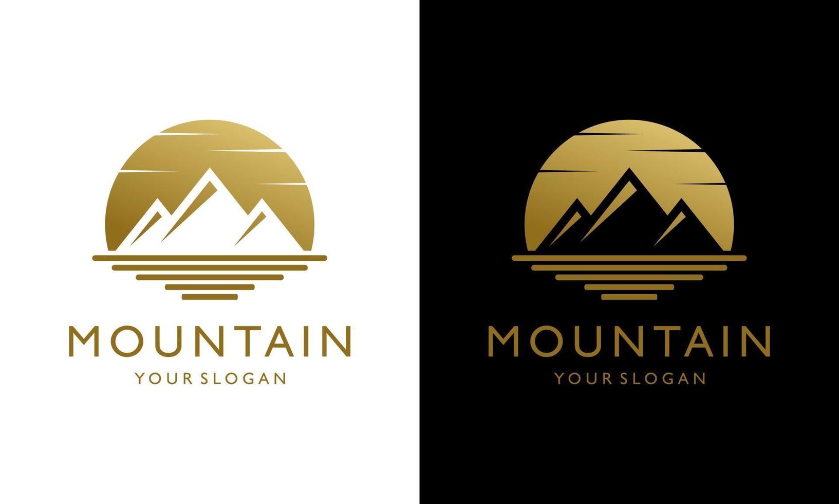 Mountain, sea Silhouette at Sunset  Moon logo vector