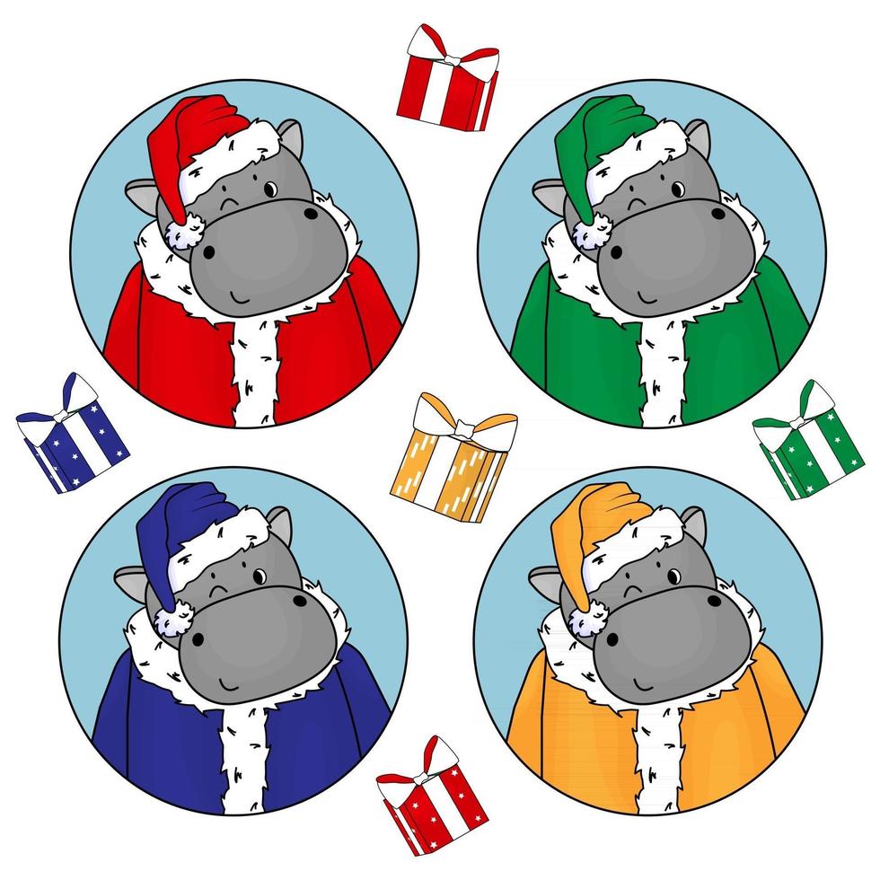 Set of cute hippos avatars in Santa Claus costume vector