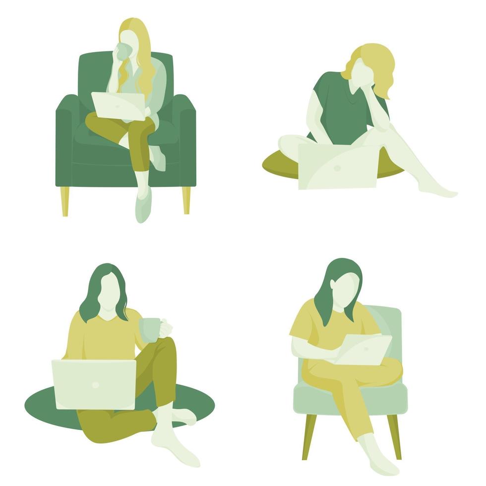 Woman working at home,set,collection vector