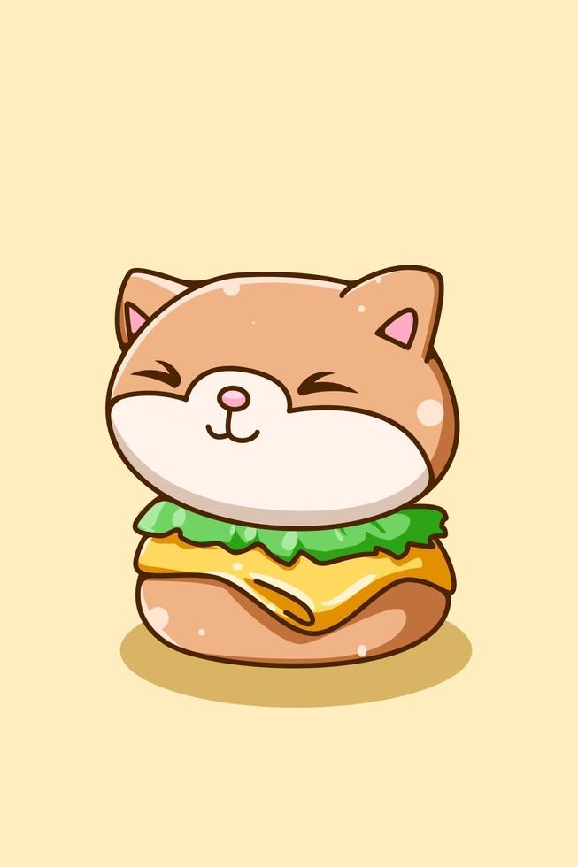 lindo gato con ilustración de dibujos animados de hamburguesa vector