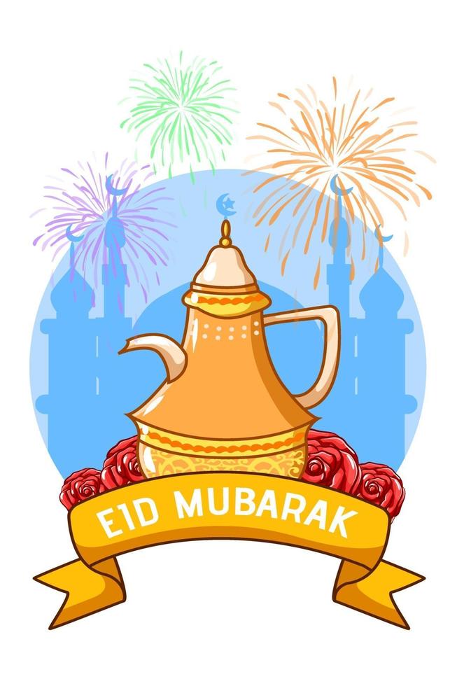 Kettles with mosque at celebrating mubarak cartoon illustration vector