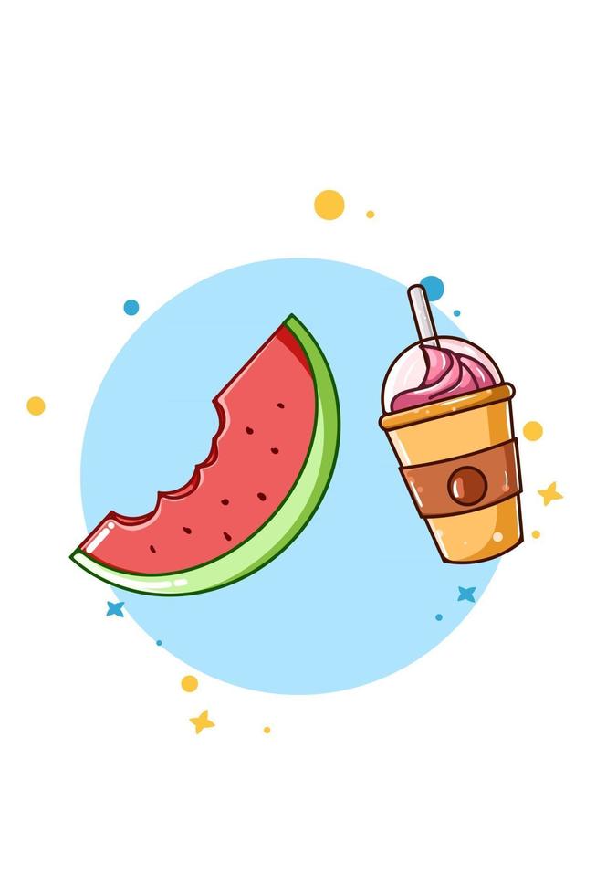 Watermelon with ice drink icon cartoon illustration vector