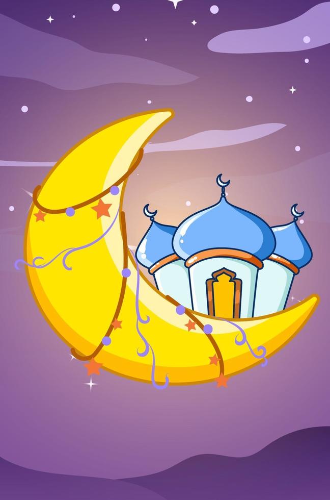 Moon and mosque ramadan night cartoon illustration vector