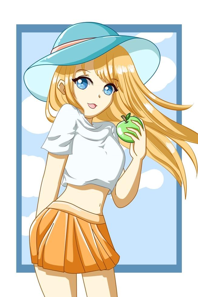 anime girl cabello amarillo con manzana en el personaje de diseño de verano vector