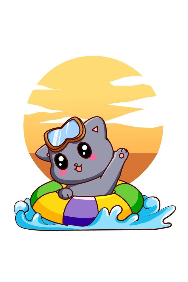 pequeño gato lindo nadando en la ilustración de dibujos animados de vacaciones de verano vector