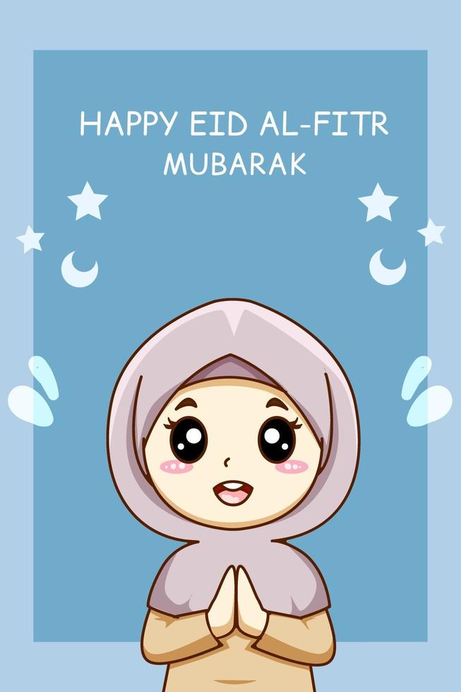 Cute muslim girl greeting celebrating mubarak cartoon illustration vector