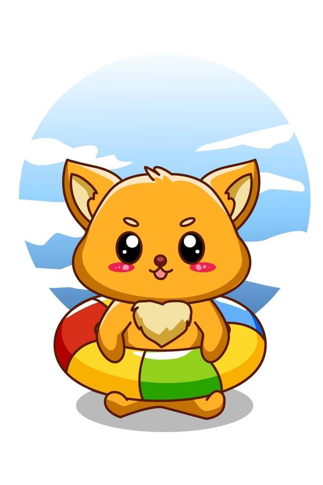 Little cute fox in summer holiday cartoon illustration vector