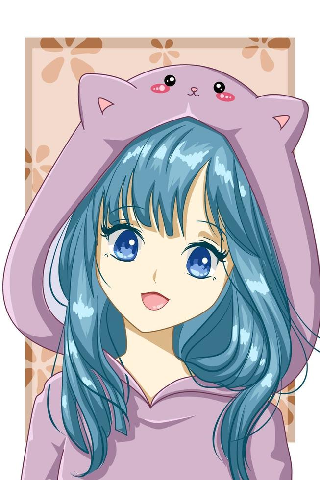 cute and beautiful anime girls with cat vector