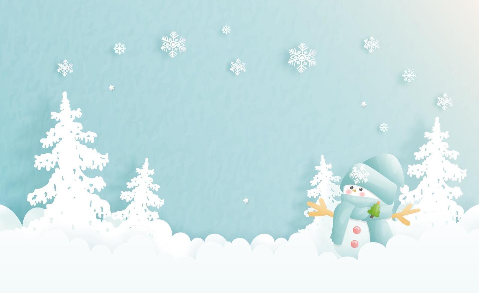 Christmas card, celebrations with cute snowman and Christmas scene vector