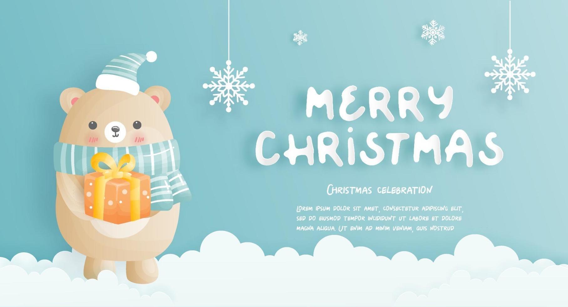 Christmas card, celebrations with cute bear holding a gift box vector