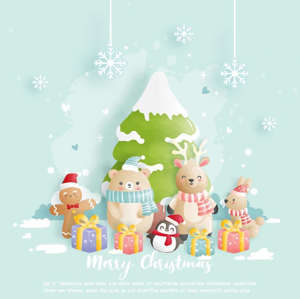 Christmas card, celebrations with bear, rabbit and reindeer vector
