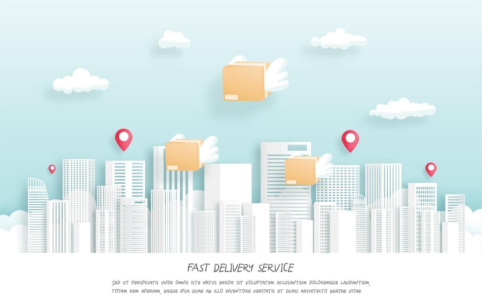 Fast delivery service with flying package with wings vector