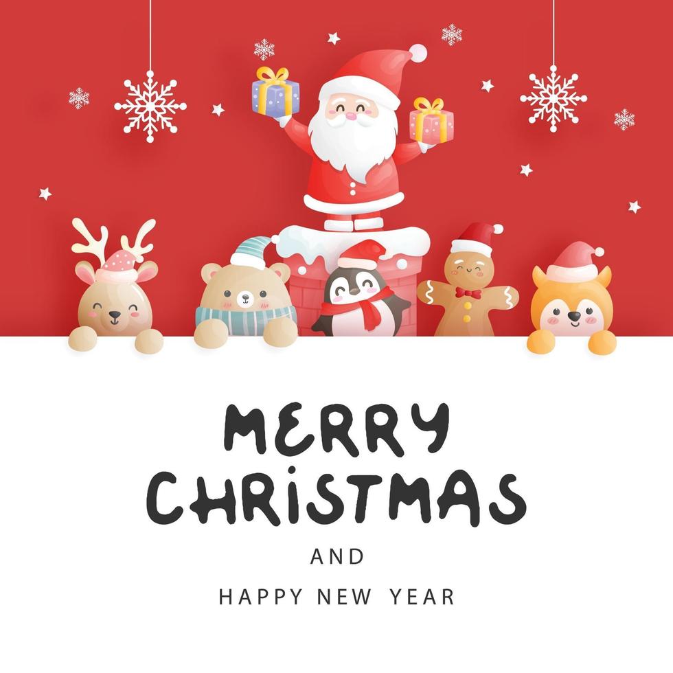 tarjeta de navidad, celebraciones con santa y amigos, vector