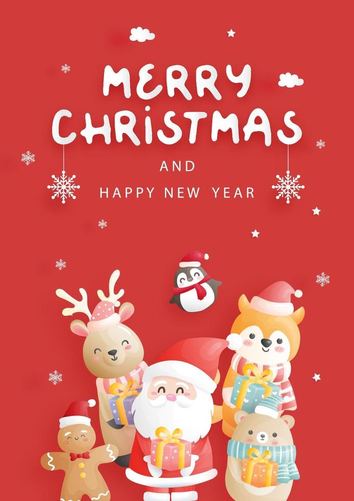 Christmas card, celebrations with Santa and friends, vector