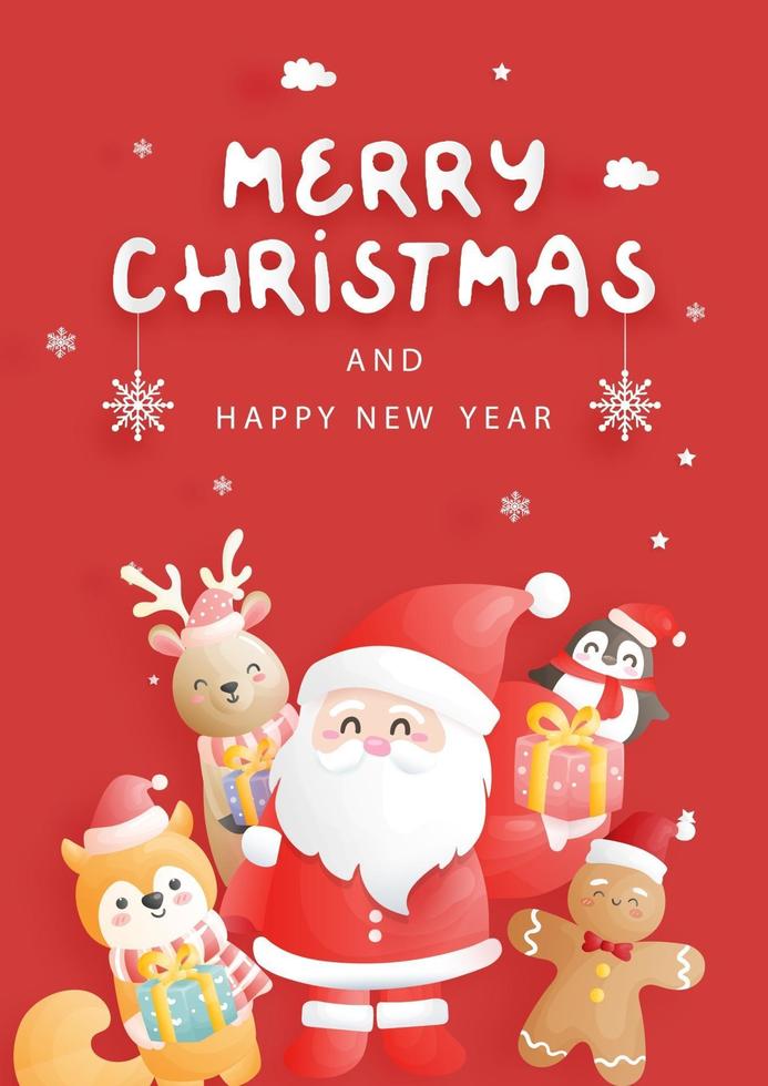 Christmas card, celebrations with Santa and friends, vector