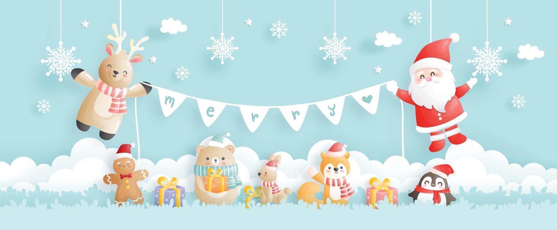 Christmas card, celebrations with Santa and friends, vector