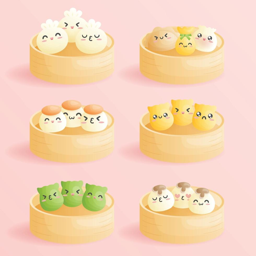 Cute cartoon Dim sum, traditional Chinese dumplings vector