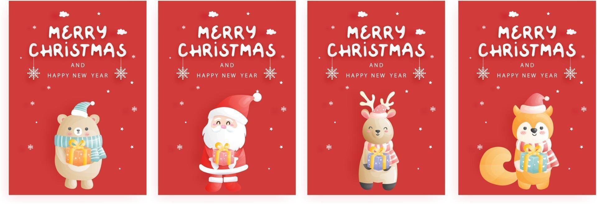 Christmas card, celebrations with Santa and friends, vector