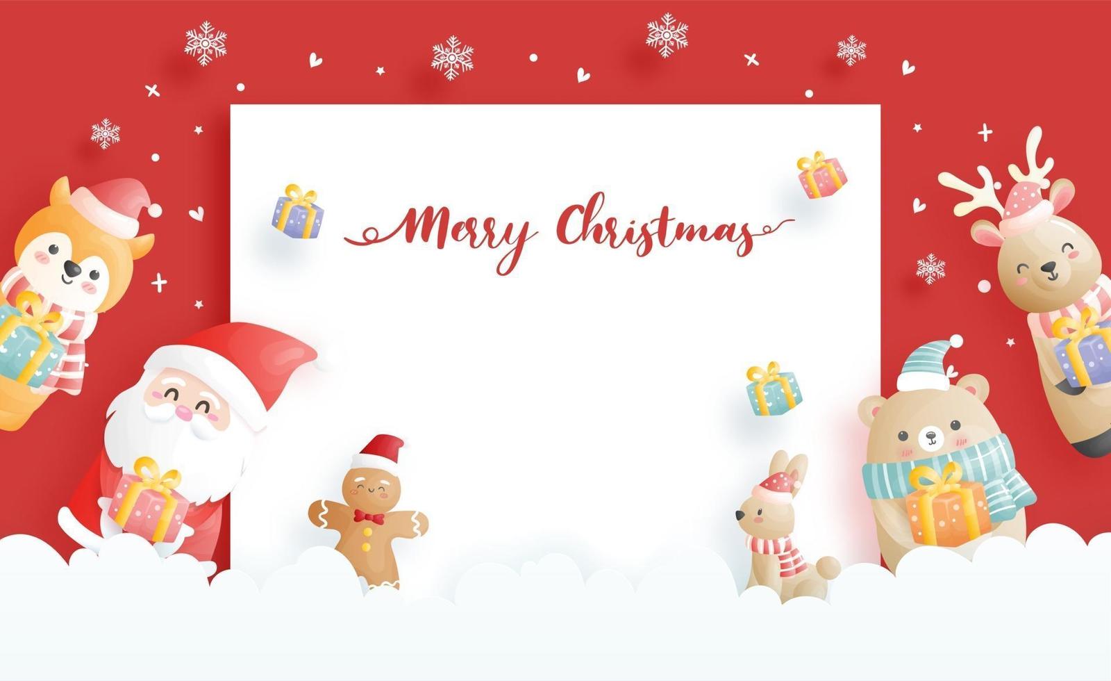 Christmas card, celebrations with Santa and friends, vector