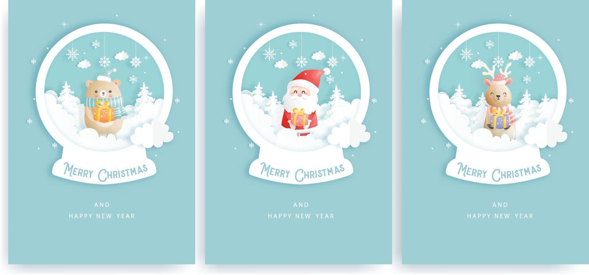 Christmas card, celebrations with Santa and friends vector