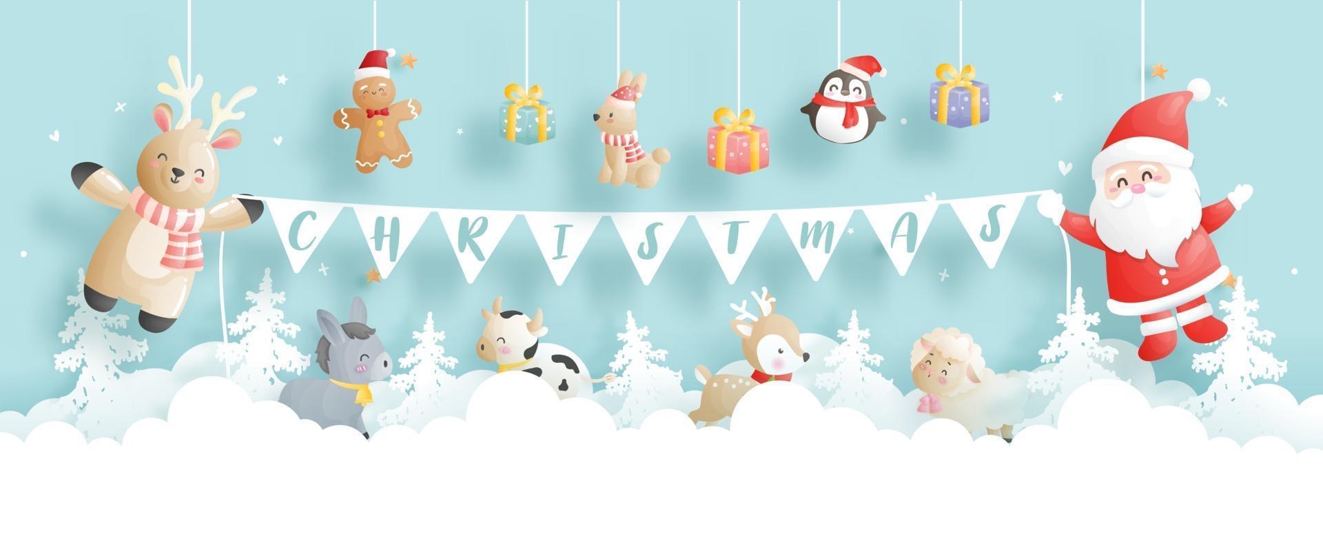 Christmas card, celebrations with Santa and friends, vector